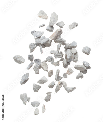 Rock gravel fly explosion fall, gray stone pebbles rock explode abstract cloud fly. Construction rock stone splash in air, object design. White background isolated freeze shot, selective focus blur photo