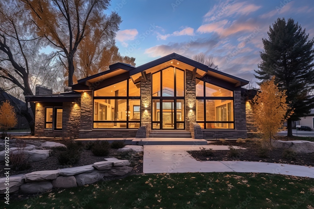 Stunning New Build with Three-Car Garage, Sleek Design, Coral Siding, and Natural Stone Accents, generative AI