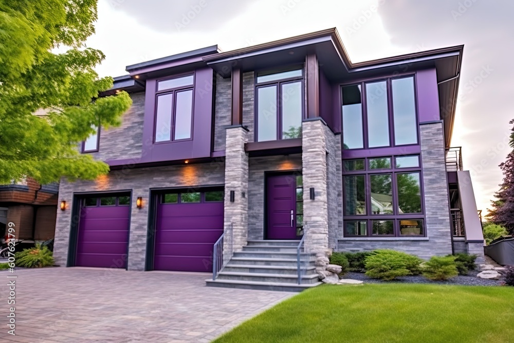 A Stunning Avant-Garde Home with a Double Garage and Natural Stone Embellishments on Purple Siding, generative AI A Stunning Avant-Garde Home with a Double Garage and Natural Stone Embellishments on Purple Siding, generative AI