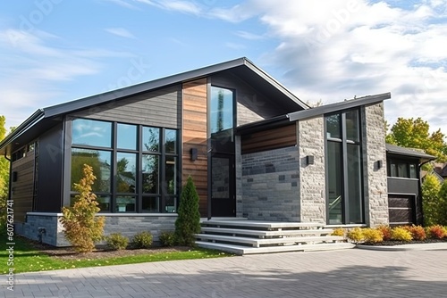 Wallpaper Mural Avant-Garde Styled Residence with Double Garage, Dark Blue Siding, and Natural Stone Embellishments, generative AI Torontodigital.ca