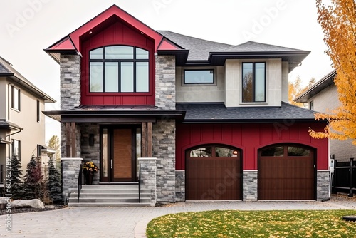 Contemporary Charm: A New Home with Single Car Garage, Red Siding, and Natural Stone Facade, generative AI