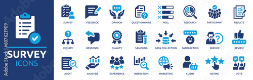 Survey icon set. Containing feedback, opinion, questionnaire, poll, research, data collection, review and satisfaction icons. Solid icon collection. Vector illustration. photo