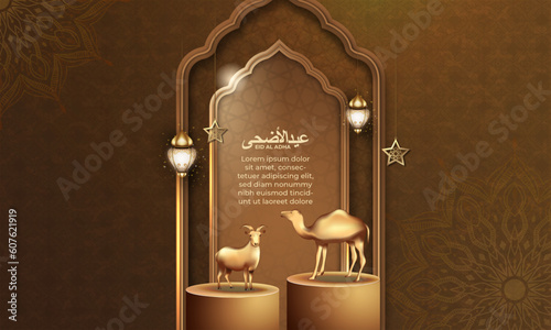 eid al adha background with goat and camel for poster, banner design. vector illustration