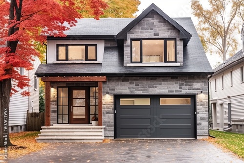 Contemporary Charm: New House with Natural Stone facade and Gray Siding, Single Car Garage Included, generative AI © Michael