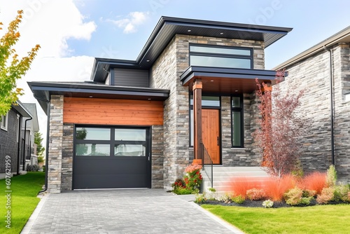 Contemporary Coral and Stone-Clad Home with Single Car Garage: Discover Your Charming Brand New Abode, generative AI