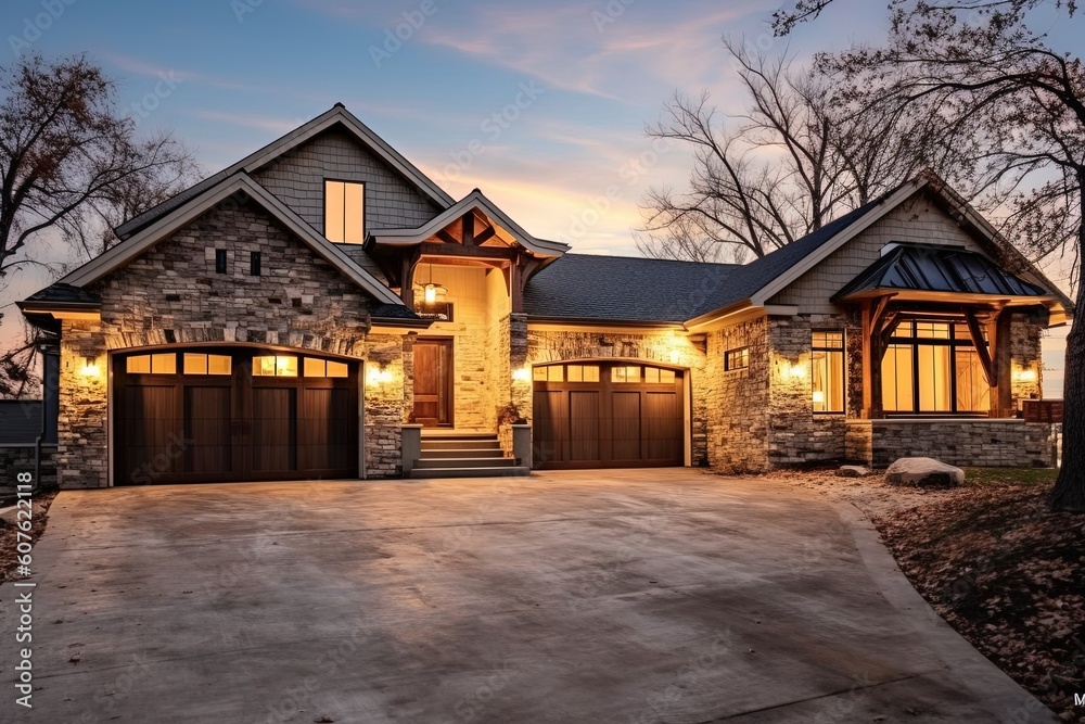 Cutting-Edge Aesthetic Meets Classic Elegance: New Build Property with Natural Stone Accents, Three-Car Garage, and Beige Siding, generative AI