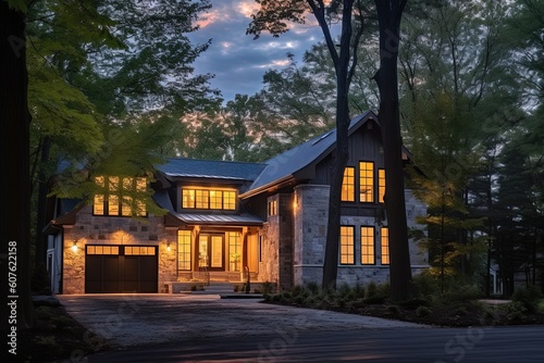 Cutting-Edge Aesthetic with Three-Car Garage and Green Siding: A Classic New Build Property with Natural Stone Accents, generative AI