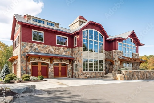 Cutting-Edge Classic: Red Sided New Build Property with Natural Stone Accents and Three-Car Garage, generative AI