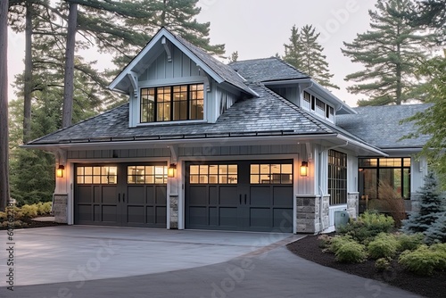 Cutting-Edge Aesthetic and Natural Stone Accents in a Light Green Classic New Build Property with Three-Car Garage, generative AI