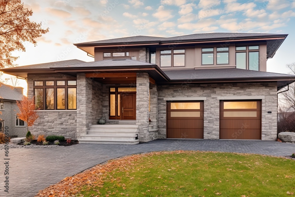 Innovative Aesthetic and Natural Stone Porch: A Unique Contemporary New Construction House with a Double Garage and Light Green Siding, generative AI Innovative Aesthetic and Natural Stone Porch: A Unique Contemporary New Construction House with a Double Garage and Light Green Siding, generative AI
