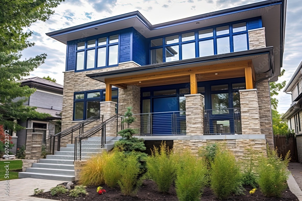Innovative Aesthetic and Natural Stone Porch Complement Contemporary New Construction House with Double Garage and Navy Blue Siding, generative AI