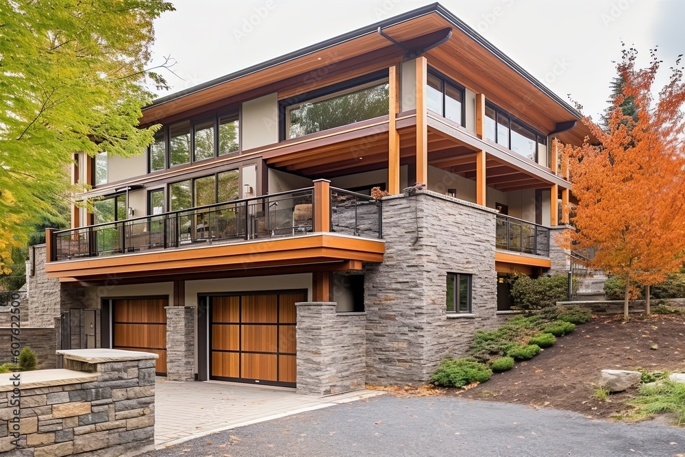 Innovative Aesthetic Meets Natural Stone: A Tour of a Contemporary New Construction House with Double Garage and Coral Siding., generative AI