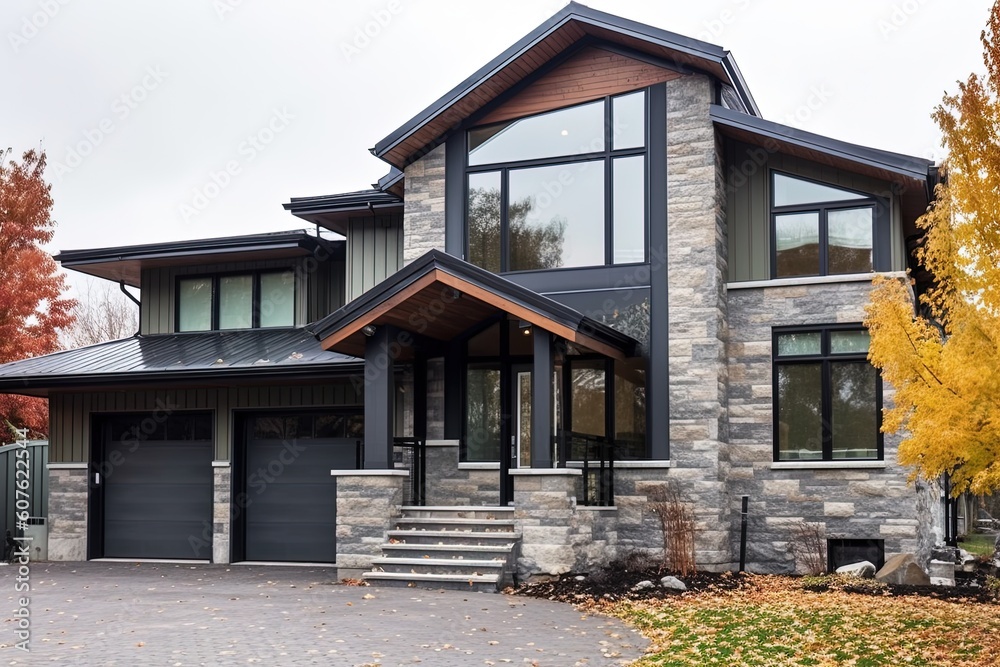 Innovative Aesthetic Meets Contemporary Design: Double Garage, Dark Green Siding, and Natural Stone Porch in New Construction Home, generative AI