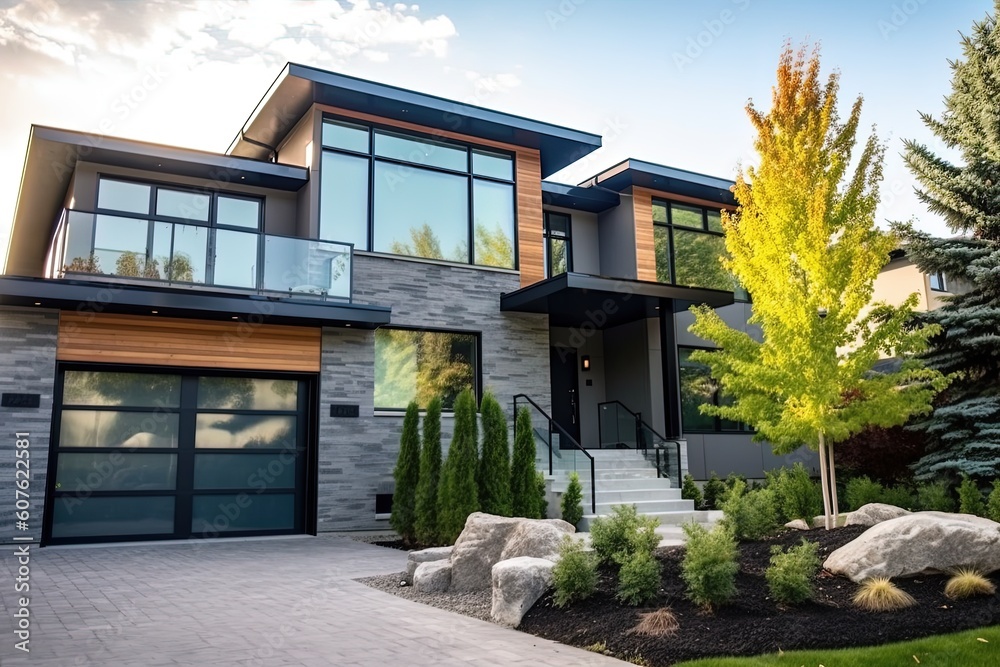 Obraz premium Contemporary Architectural Masterpiece: Brand New Property with Three-Car Garage, Navy Blue Siding, and Stunning Natural Stone Features, generative AI