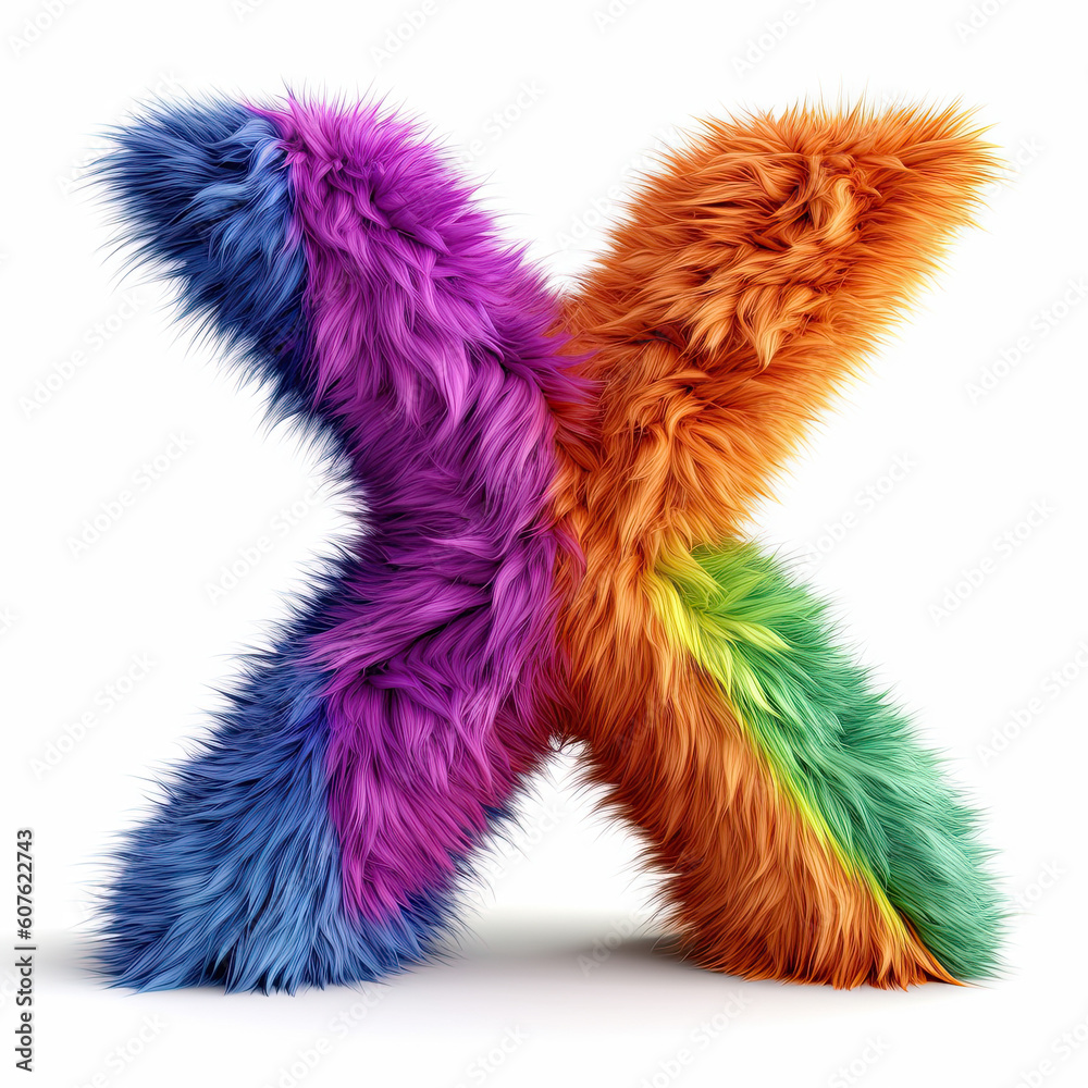 Furry letter in rainbow pride colors made of fur and feathers. Capital X Furry letter in rainbow pride colors made of fur and feathers. Capital X