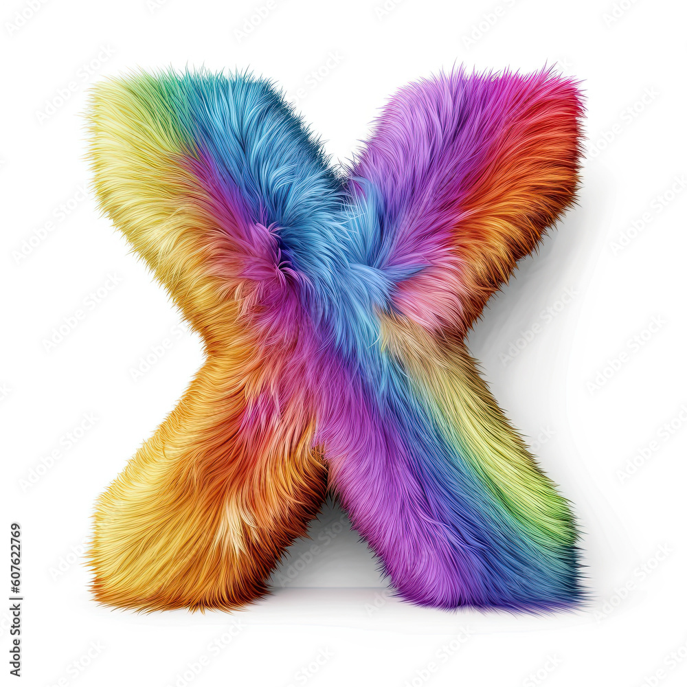Furry letter in rainbow pride colors made of fur and feathers. Capital X