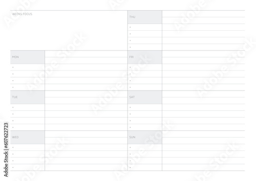 A weekly plan design template in a modern, simple, and minimalist style. Note, scheduler, diary, calendar, planner document template illustration.