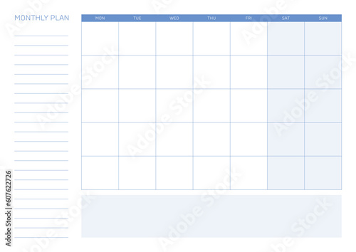 A monthly plan template with a simple and minimal style. Note, scheduler, diary, calendar planner document template illustration.