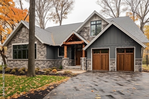 Contemporary Architecture Meets Elegant Style: Brand New Property with Three-Car Garage, Light Gray Siding, and Natural Stone Features, generative AI