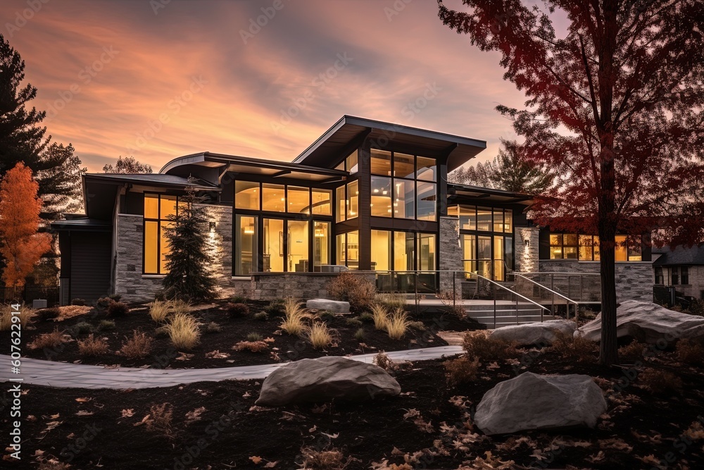 Contemporary Architecture Shines Through Elegant New Property with Three-Car Garage, Burgundy Siding, and Natural Stone Features, generative AI Contemporary Architecture Shines Through Elegant New Property with Three-Car Garage, Burgundy Siding, and Natural Stone Features, generative AI