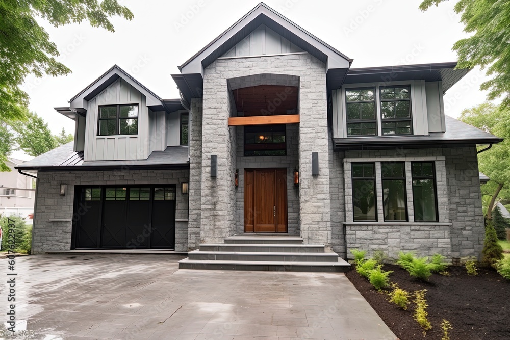 Contemporary Architecture Meets Elegant Design in Gorgeous New Property with Three-Car Garage and Natural Stone Features, generative AI Contemporary Architecture Meets Elegant Design in Gorgeous New Property with Three-Car Garage and Natural Stone Features, generative AI