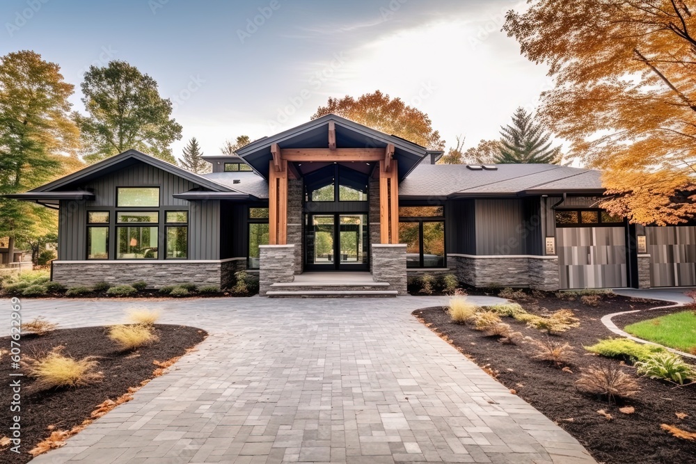 Contemporary Architecture Meets Natural Stone in Brand New Property with Three-Car Garage and Eco-Friendly Green Siding, generative AI