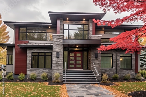Contemporary Architecture Meets Elegant Design: Brand New Property with Natural Stone Features and Three-Car Garage in Red Siding, generative AI