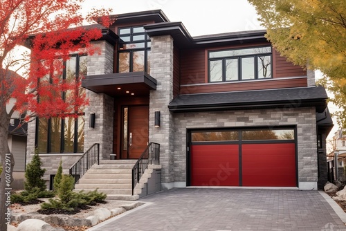 Avant-Garde Designed Residence with Double Garage and Natural Stone Embellishments in Striking Red Siding, generative AI