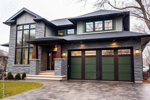 Avant-Garde Design with Gorgeous Green Siding & Natural Stone Embellishments in New Construction Home with Double Garage, generative AI © Michael