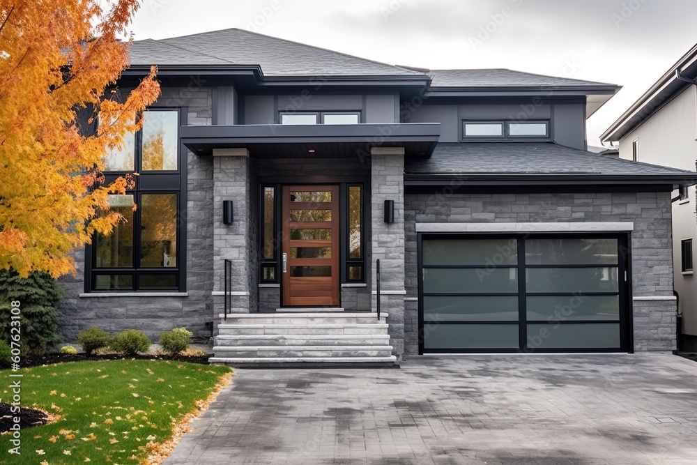 Avant-Garde Double Garage Residence: Stunning Fresh Build with Dark Gray Siding and Natural Stone Embellishments, generative AI Avant-Garde Double Garage Residence: Stunning Fresh Build with Dark Gray Siding and Natural Stone Embellishments, generative AI
