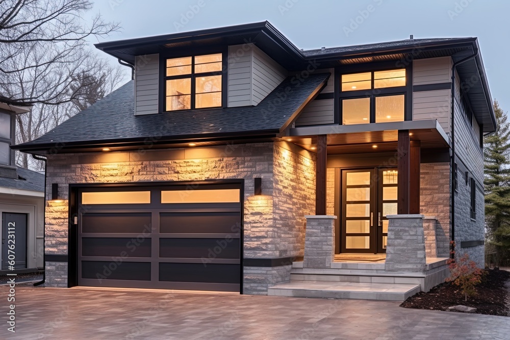 Avant-garde Design Meets Fresh Construction: Stunning Double Garage Home with Light Gray Siding and Natural Stone Embellishments, generative AI Avant-garde Design Meets Fresh Construction: Stunning Double Garage Home with Light Gray Siding and Natural Stone Embellishments, generative AI