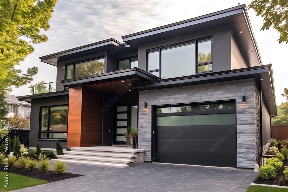 Avant-garde Design and Natural Stone Embellishments Complement Gorgeous Dark Gray Siding in New Construction Home with Double Garage, generative AI