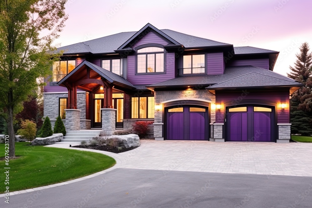 Avant-Garde Double Garage Residence with Purple Siding and Natural Stone Embellishments, generative AI