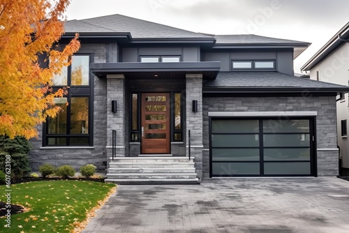 Avant-Garde Double Garage Residence: Stunning Fresh Build with Dark Gray Siding and Natural Stone Embellishments, generative AI