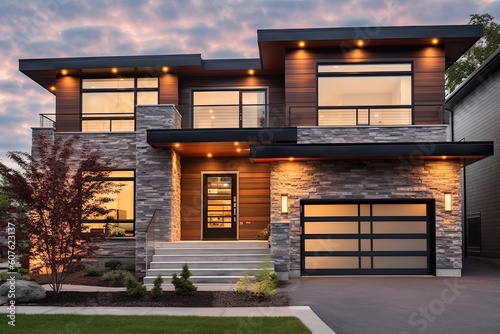 Avant-Garde Design and Natural Stone Embellishments  Stunning New Construction with Double Garage and Coral Siding  generative AI