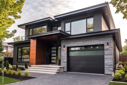 Avant-garde Design and Natural Stone Embellishments Complement Gorgeous Dark Gray Siding in New Construction Home with Double Garage, generative AI