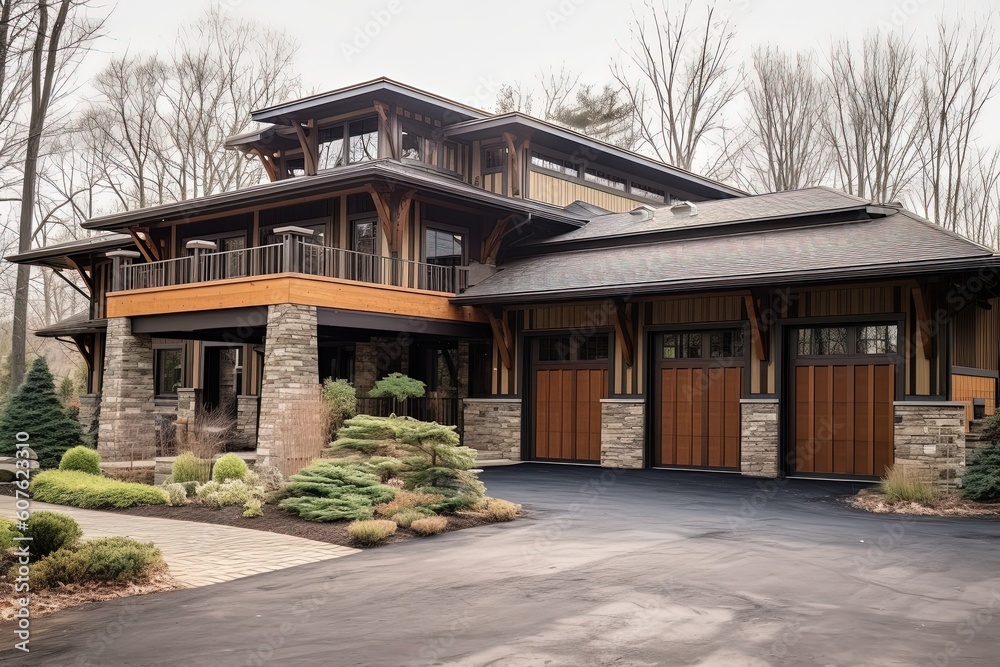 Fototapeta premium Avant-Garde Luxury Property with Natural Stone Pillars, Orange Siding, and Three-Car Garage, generative AI