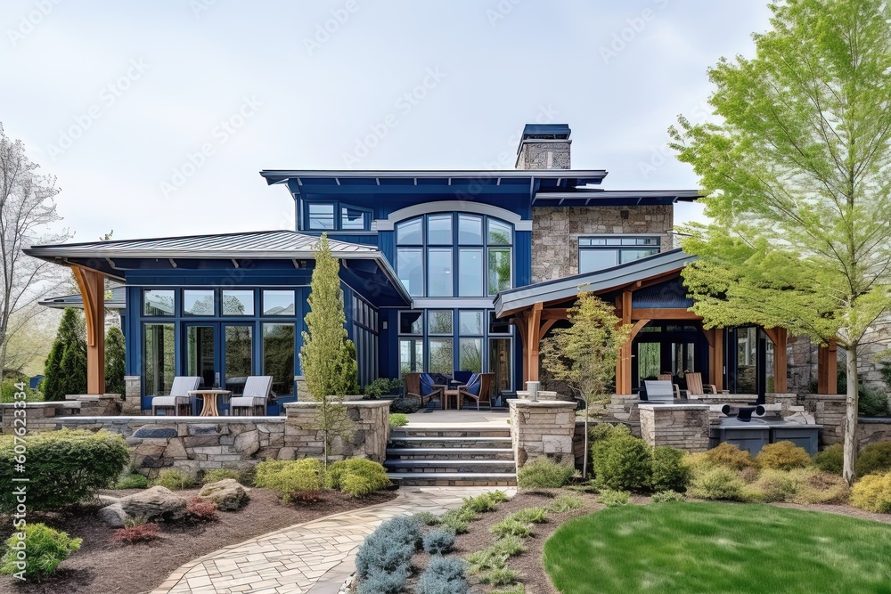 Avant-garde Layout and Luxe Features: Exquisite Three-Car Garage and Natural Stone Pillars Complement Navy Blue Siding, generative AI Avant-garde Layout and Luxe Features: Exquisite Three-Car Garage and Natural Stone Pillars Complement Navy Blue Siding, generative AI
