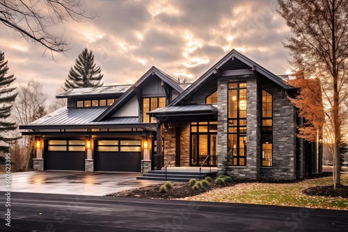 Avant-Garde Layout and Luxurious Features of a Newly Constructed Property with Three-Car Garage, Dark Gray Siding, and Natural Stone Pillars, generative AI