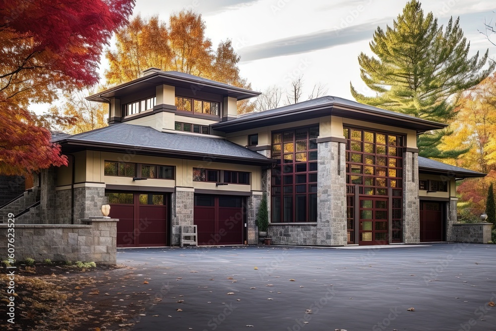 Avant-Garde Luxe: Three-Car Garage and Burgundy Siding Meet Natural Stone Pillars in a Recently Built Property, generative AI