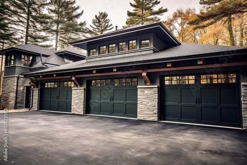Avant-Garde Luxe Property Boasts a Three-Car Garage, Dark Green Siding, and Natural Stone Pillars, generative AI