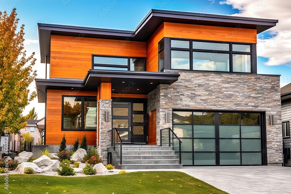 Contemporary Architecture Meets Natural Stone Details in Sleek Two-Car Garage Home with Orange Siding, generative AI