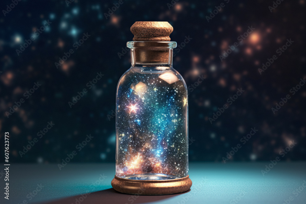 Magic in a Glass Bottle. Simulated Starry Sky. Unveiling the Unreal Universe, Galaxy of Stars, Glimpse of Milky Way, Astronomy Magic, Cosmic Fantasy in Space, Science. Generative AI Magic in a Glass Bottle. Simulated Starry Sky. Unveiling the Unreal Universe, Galaxy of Stars, Glimpse of Milky Way, Astronomy Magic, Cosmic Fantasy in Space, Science. Generative AI