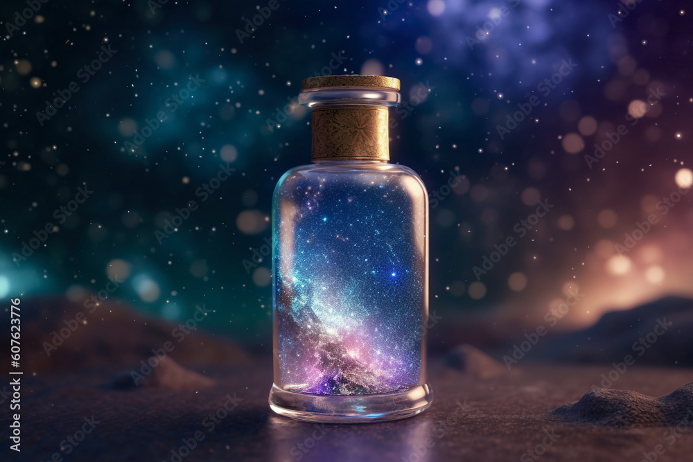 Magic in a Glass Bottle. Simulated Starry Sky. Unveiling the Unreal Universe, Galaxy of Stars, Glimpse of Milky Way, Astronomy Magic, Cosmic Fantasy in Space, Science. Generative AI