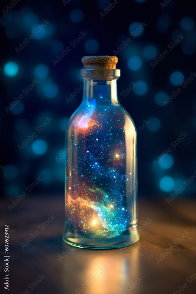 Magic in a Glass Bottle. Simulated Starry Sky. Unveiling the Unreal Universe, Galaxy of Stars, Glimpse of Milky Way, Astronomy Magic, Cosmic Fantasy in Space, Science. Generative AI Magic in a Glass Bottle. Simulated Starry Sky. Unveiling the Unreal Universe, Galaxy of Stars, Glimpse of Milky Way, Astronomy Magic, Cosmic Fantasy in Space, Science. Generative AI
