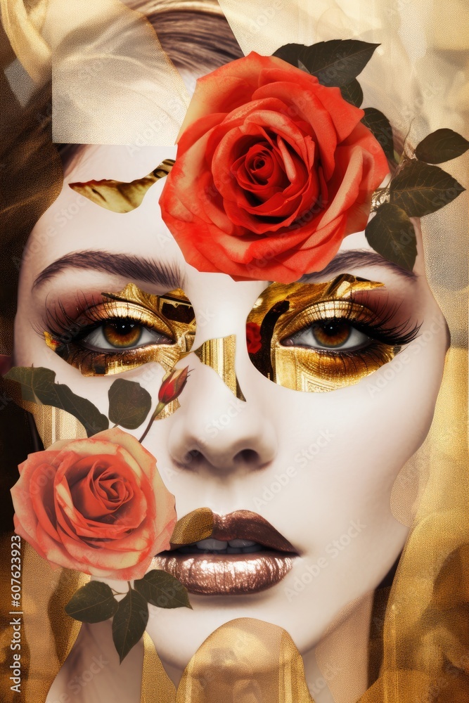 Vintage style collage vogue fashion illustration, with a beautiful female woman's face, rose flowers and black dark background, and gold foil texture.