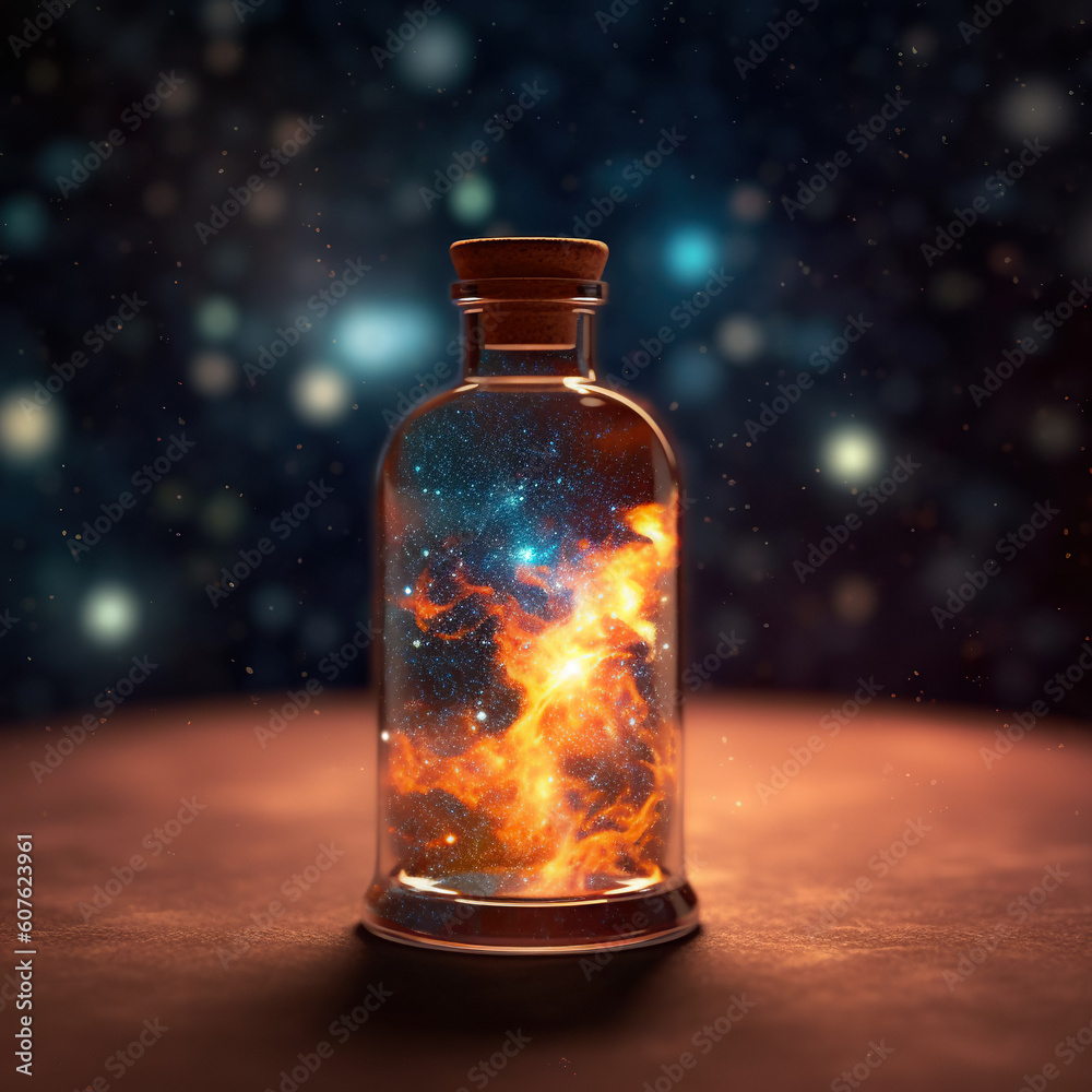 Magic in a Glass Bottle. Simulated Starry Sky. Unveiling the Unreal Universe, Galaxy of Stars, Glimpse of Milky Way, Astronomy Magic, Cosmic Fantasy in Space, Science. Generative AI Magic in a Glass Bottle. Simulated Starry Sky. Unveiling the Unreal Universe, Galaxy of Stars, Glimpse of Milky Way, Astronomy Magic, Cosmic Fantasy in Space, Science. Generative AI
