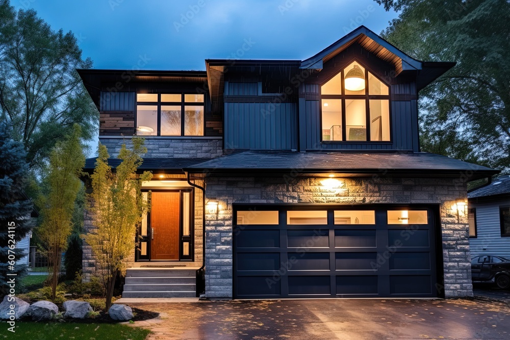 Cutting-Edge Features and Natural Stone Cladding: Tour This Prestigious New Home with a Blue Siding and Single Car Garage, generative AI
