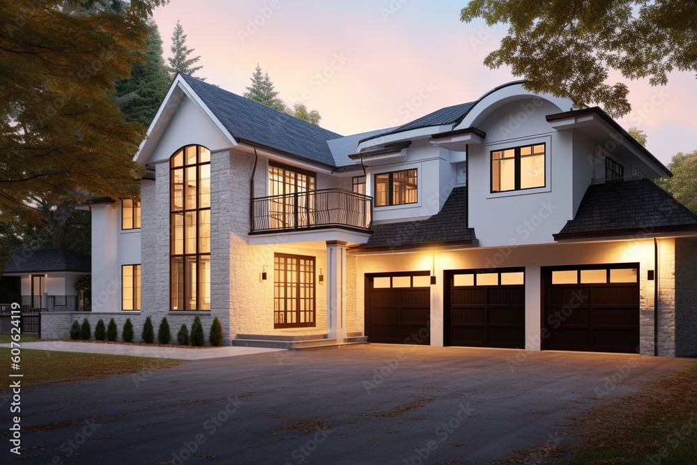 Innovative Architecture Meets Timeless Charm: A Stunning New Home with Double Garage, White Siding, and Natural Stone Elements, generative AI Innovative Architecture Meets Timeless Charm: A Stunning New Home with Double Garage, White Siding, and Natural Stone Elements, generative AI