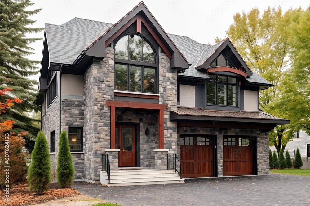 Innovative Architecture Meets Timelessness in a Double Garage Residence Accentuated by Burgundy Siding and Natural Stone Elements, generative AI Innovative Architecture Meets Timelessness in a Double Garage Residence Accentuated by Burgundy Siding and Natural Stone Elements, generative AI
